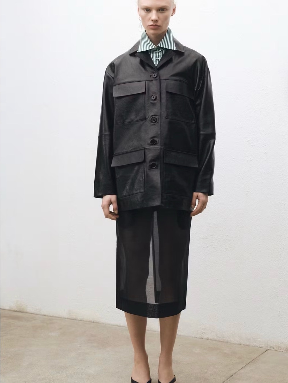 Black Oversized Leather Button Jacket - Black